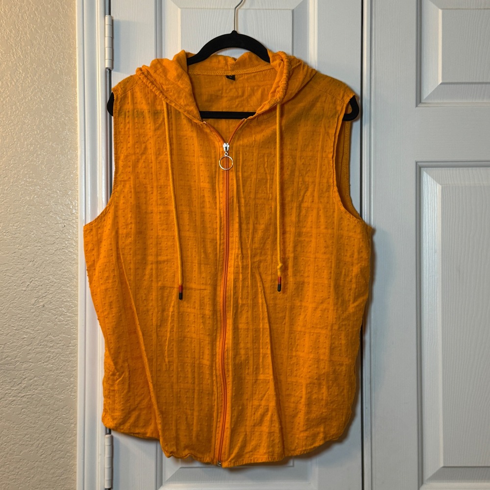 Lightweight Orange Hooded Sleeveless Flowy Full Zip Knotted Texture Womens Sz L
